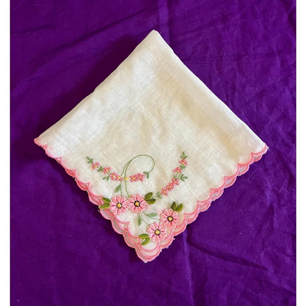 Vintage 50s 60s MCM White & Pink Flowers Floral Handkerchiefs
